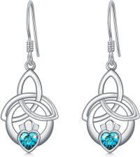 wholesale 925 Sterling Silver Birthstone Irish Celtic Claddagh Love Heart Drop Dangle Earrings-12-Dec(Blue Topaz)