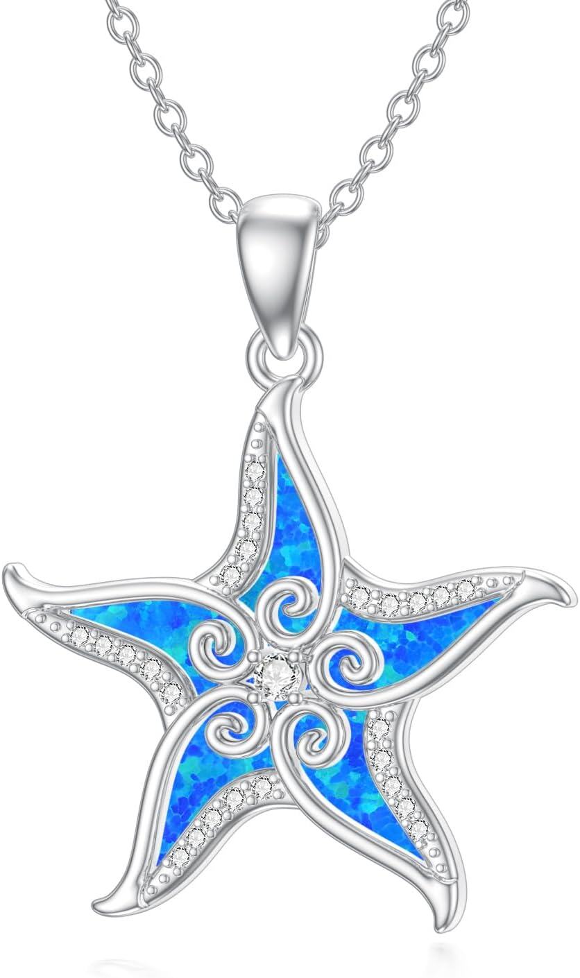  Sterling Silver Ocean Jewelry Sea Turtle Seahorse Starfish Beach Necklace for Women Girls -0-0