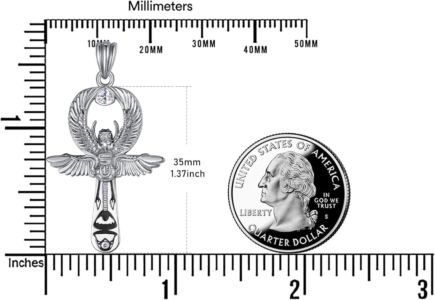 wholesale 925 Sterling Silver Egyptian Scarab Ankh Cross Pendant with Cubic Zirconia and 3mm Box Chain - Mens  Set (Silver)-0-2