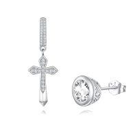 wholesale 925 Sterling Silver Round Cut Cubic Zirconia Cross Stud Earrings for Men & Women-Hoop