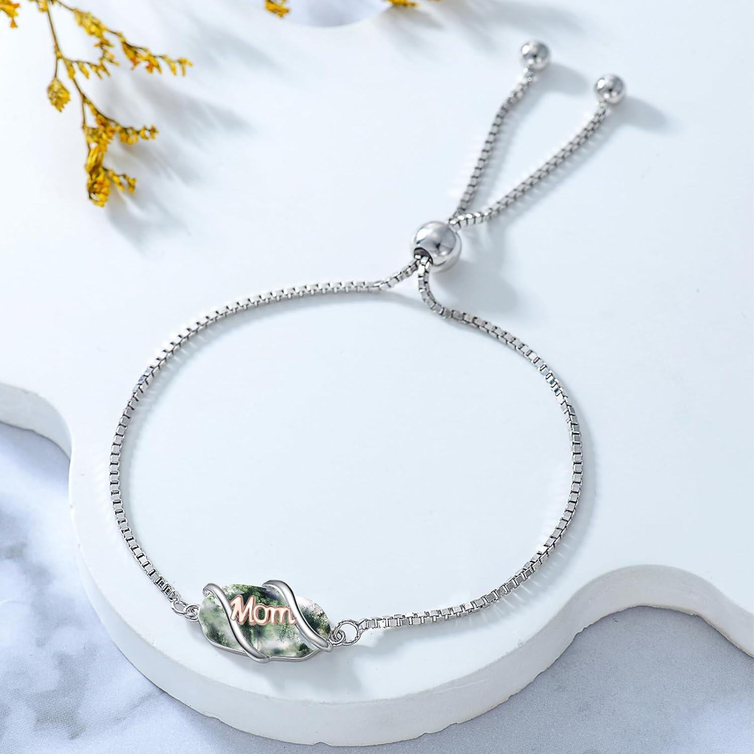 925 Sterling Silver Green Moss Agate Mom Charm Adjustable Bolo Bracelet for Women-0-5