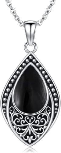 wholesale Sterling Silver Moonstone Turquoise Onyx Larimar Moss Agate Filigree Teardrop Pendant Necklace-05-Black Onxy