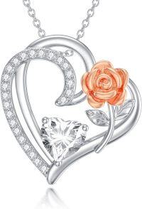 wholesale 925 Sterling Silver & 14k Gold Plated Pendant with Rose Flower and Cubic Zirconia Cutout Heart Chain - 3D Design  for Her (Length: 18 + 2 inch)-Double Rose Heart
