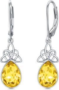 wholesale Sterling Silver Crystal Leverback Celtic Knot Birthstone Drop Earrings for Women-November Birthstone-Simulated Citrine