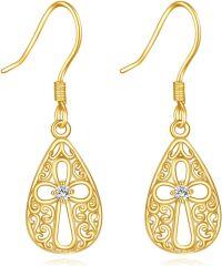 wholesale 14K Gold Teardrop Filigree Diamond Cross Drop Earrings for Women Christian s-filigree teardrop cross earrings