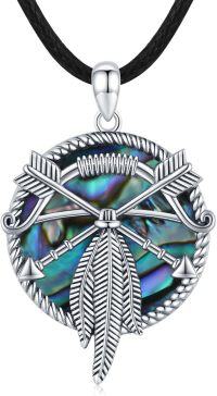 wholesale 925 Sterling Silver Abalone Shell Feather Crossed Arrows Shield Pendant Necklace-Abalone Shell