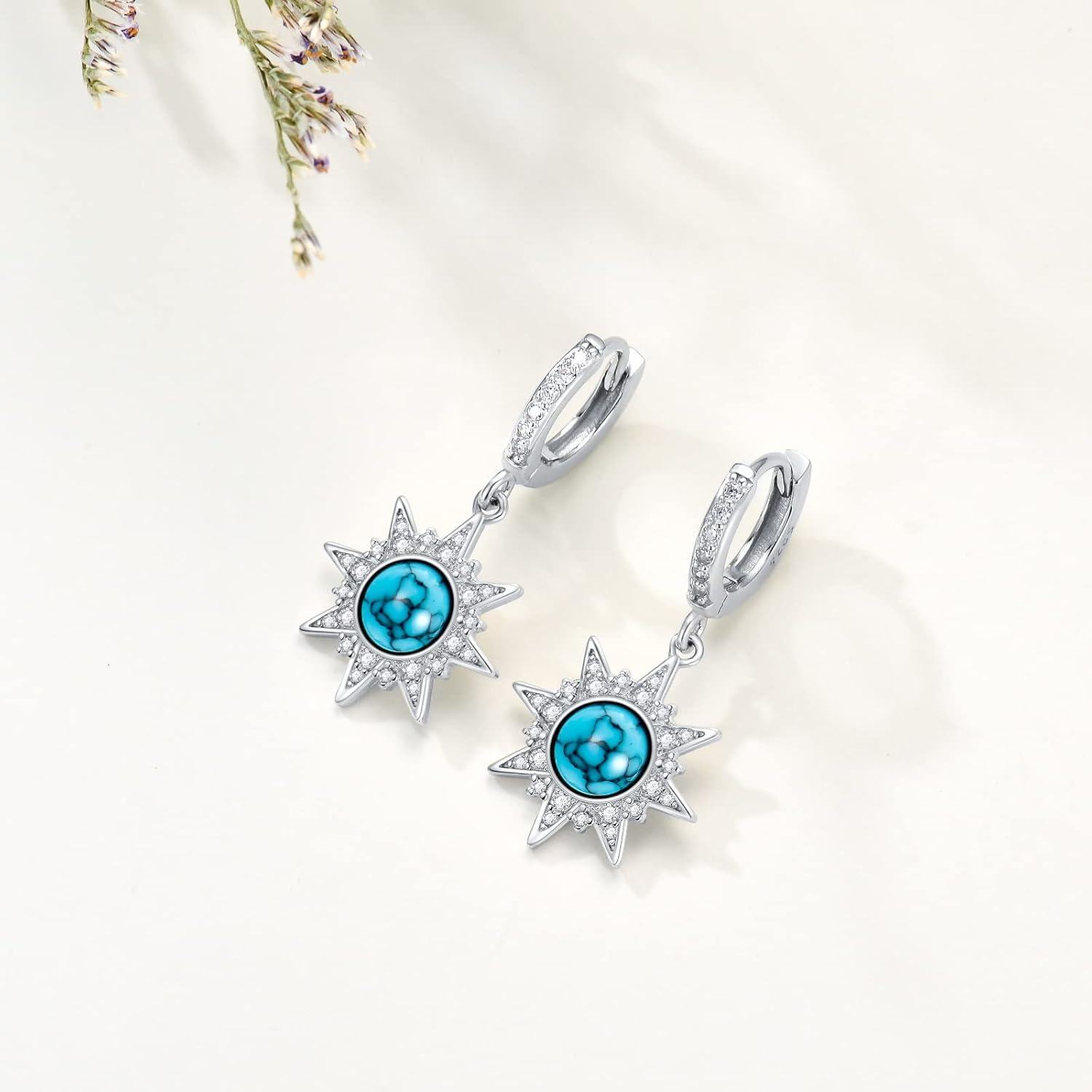 925 Sterling Silver Starburst Turquoise Drop Earrings - Gemstone s for Her-0-2