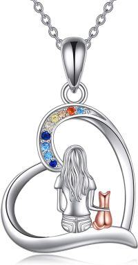 wholesale 925 Sterling Silver Cat Necklace for Women - Heart-Shaped Pendant with Colorful Stones -Cat Necklace for Women