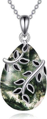 wholesale 925 Sterling Silver Moss Agate Tree of Life Pendant Necklace for Women Birthdays Gift Ideas-Moss Agate Leaf