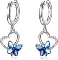 wholesale 925 Sterling Silver Blue Crystal Heart & Butterfly Drop Earrings for Women-blue-hoop earrings