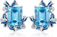 wholesale 925 Sterling Silver Blue Topaz 3ct Emerald Cut Flower Stud Earrings for Women Gifts-Swiss Blue Topaz