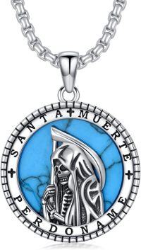 wholesale 925 Sterling Silver Turquoise Stone Santa Muerte Grim Reaper Pendant Necklace  for Men & Women-Santa Muerte02