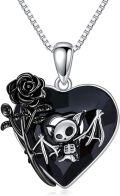 wholesale 925 Sterling Silver Heart Black Rose Bat Skull Pendant Necklace for Women Girls Gifts 45cm Chain Length-0-0