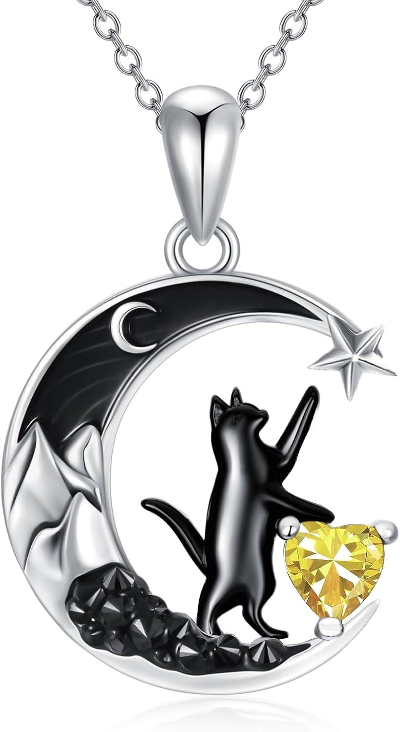 Sterling Silver Black Cat Necklace with Heart Birthstone Crescent Moon Star Pendant Gothic Jewelry Gift for Women Wife Cat Lover-11-Nov-Citrine