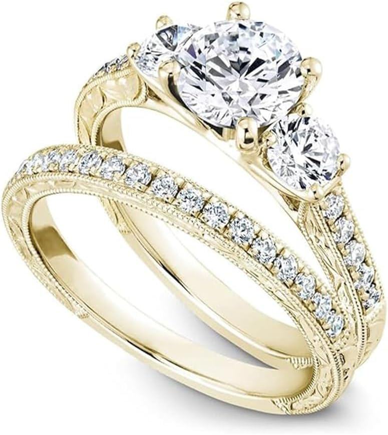 Sterling Silver White Yellow Rose Gold Moissanite D VVS1 Round Bridal Ring Set for Women-10 Filigree-3 Pcs Moissanites-Yellow Gold Plated
