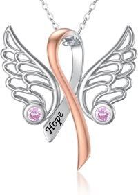 wholesale 925 Sterling Silver Angel Wings & Pink Ribbon Hope Breast Cancer Awareness Pendant Necklace-Wings