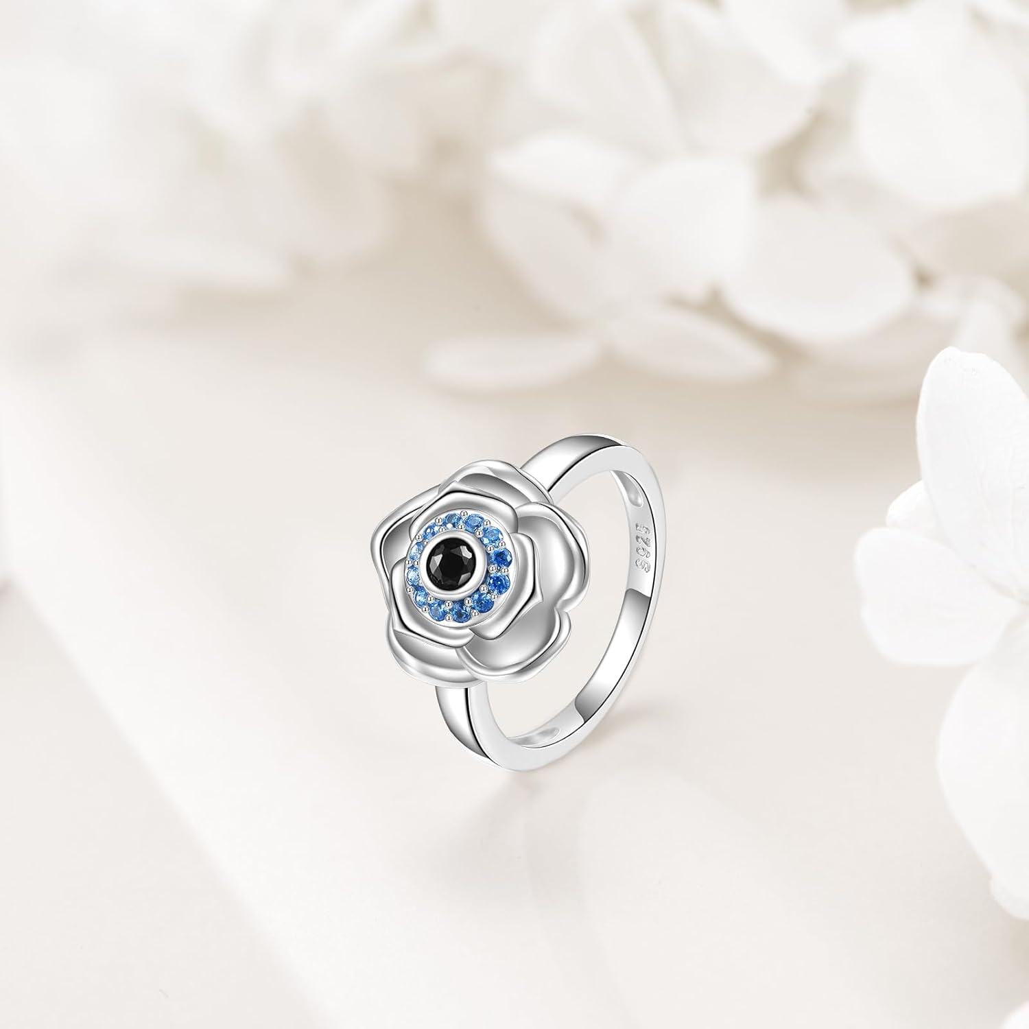 wholesale 925 Sterling Silver Blue Crystal Evil Eye Rose Flower Adjustable Ring for Women Girls  Size 7-8-0-2