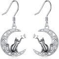 wholesale 925 Sterling Silver Black Cat & Crescent Moon Dangle Earrings - Adorable Kitty Lover Gift-0-0