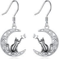wholesale 925 Sterling Silver Black Cat & Crescent Moon Dangle Earrings - Adorable Kitty Lover Gift-Black Cat Earring