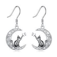 wholesale 925 Sterling Silver Cat Crescent Moon Butterfly Drop Earrings For Women-Black Cat Earring