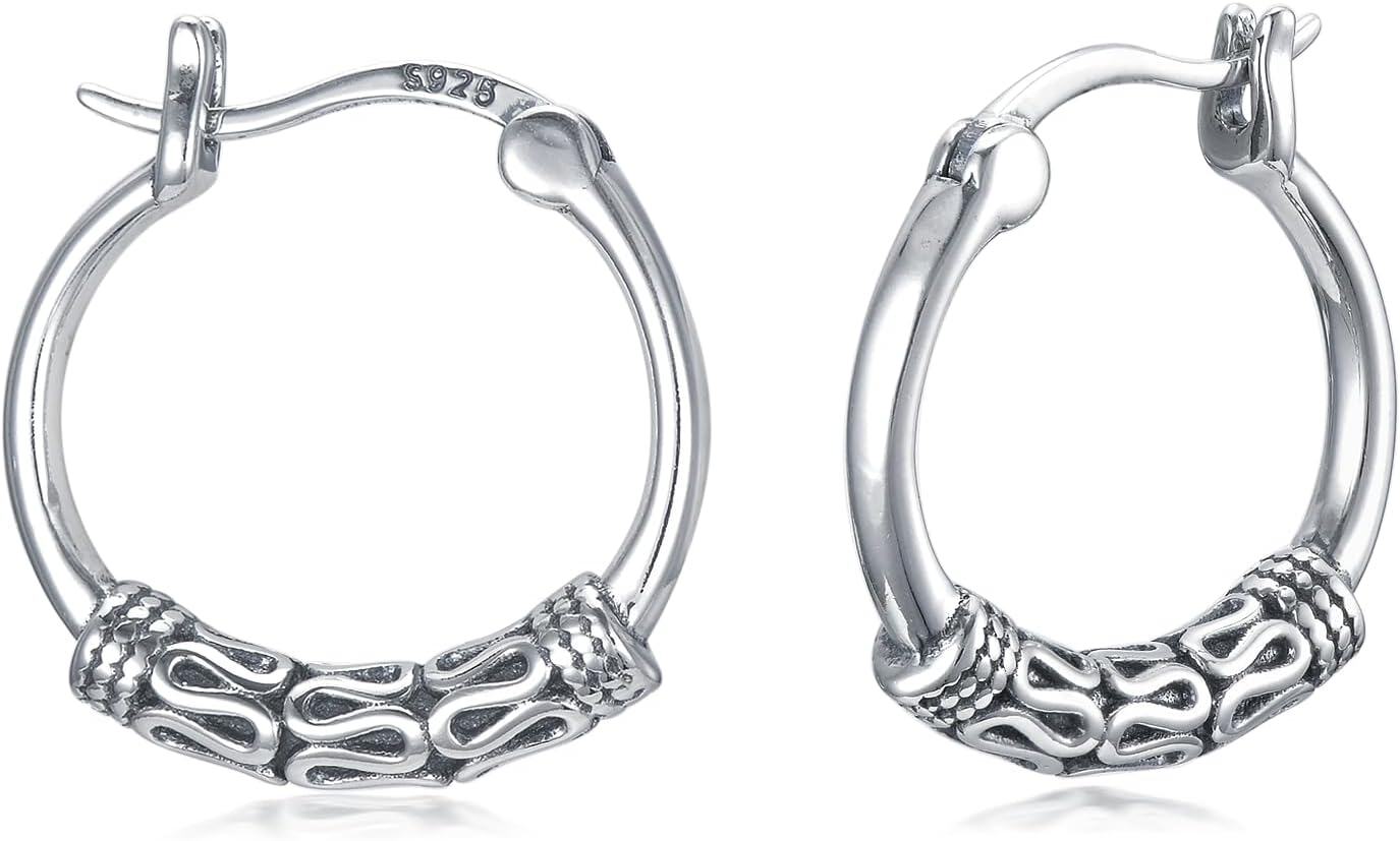 Sterling Silver Bali Boho Oxidized Hypoallergenic Huggie Hoop Earrings for Women Jewelry Gifts-Boho Bali Hoop Earrings-14