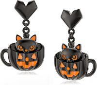 wholesale Hypoallergenic 925 Sterling Silver Black Cat Pumpkin Halloween Dangle Earrings Gift for Women and Girls-B-Black Pumpkin Cup