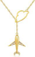 wholesale 14K Gold & Cubic Zirconia Airplane Necklace - Y-Shaped Travel Pendant with Cloud Charm, Nickel-Free 16mm Airplane 13mm Cloud, 6.5-17 Adjustable Chain-0-0