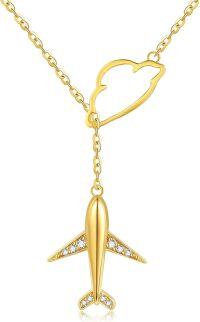 wholesale 14K Gold & Cubic Zirconia Airplane Necklace - Y-Shaped Travel Pendant with Cloud Charm, Nickel-Free 16mm Airplane 13mm Cloud, 6.5-17 Adjustable Chain-Airplane Necklace