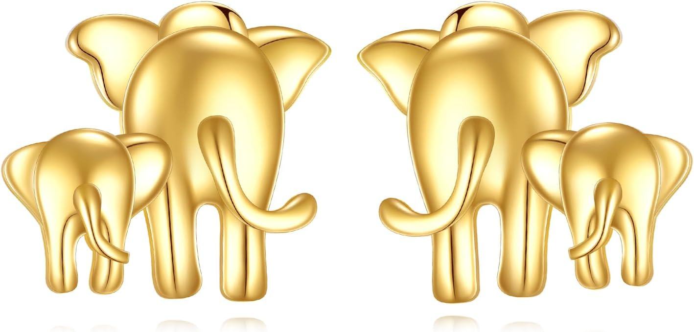 14K Gold Moon Stone Animal Earrings Solid Gold Studs for Women Real Jewelry Gifts-H-Two Elephant