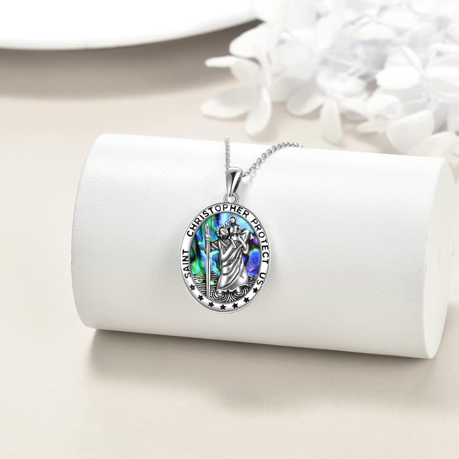 925 Sterling Silver Saint Christopher Protect Us Travel Protection Oval Pendant Necklace with Abalone Shell and Chain for Women Men  43cm/17 Length-0-1