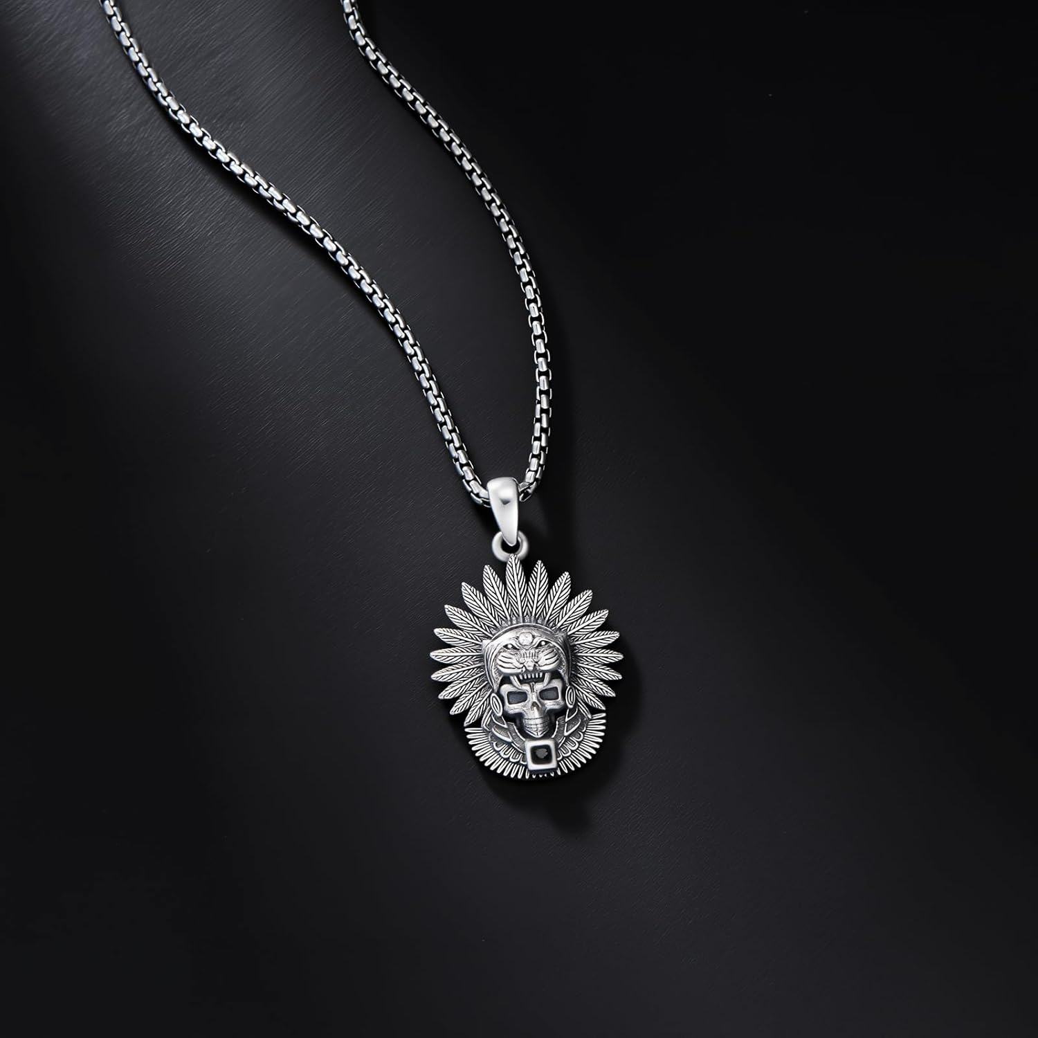 925 Sterling Silver Aztec Jaguar & Feather Pendant Necklaces for Men Women Gothic Tribal Ethnic Style Gift Jewelry 48 Chain Length-0-2