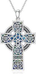wholesale 925 Sterling Silver Blue Abalone Shell Celtic Cross Pendant Necklace 3D Triquetra Trinity Knot Jewelry for Women Men Gift Boxed-0-0