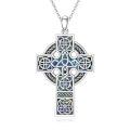 wholesale 925 Sterling Silver Blue Abalone Shell Celtic Cross Pendant Necklace 3D Triquetra Trinity Knot Jewelry for Women Men Gift Boxed-0-0
