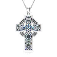 wholesale 925 Sterling Silver Blue Abalone Shell Celtic Cross Pendant Necklace 3D Triquetra Trinity Knot Jewelry for Women Men Gift Boxed-Trinity Cross