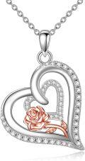 wholesale 925 Sterling Silver Double Heart with Pink Rose Pendant Necklace Gift for Her-0-0