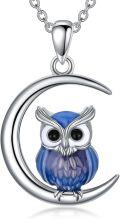 wholesale 925 Sterling Silver Owl Pendant Moonstone Necklace Blue Gemstones Jewelry for Women Girls Gift 43cm Chain Length-0-0
