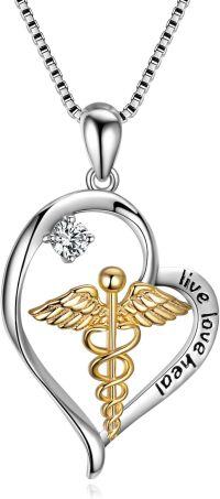 wholesale 925 Sterling Silver Heart Shaped Caduceus Angel Nurse Live Love Heal Pendant Necklace for Women Girls -Live Love Heal Necklace