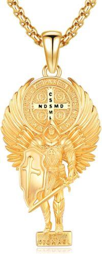 wholesale 925 Sterling Silver Plated Gold  Saint Michael Pendant with St Benedict Medal on 24 Chain-Gold