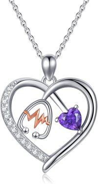 wholesale Sterling Silver Gemstone Heart Stethoscope Pendant Necklace for Women-A2:February-Amethyst