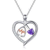 wholesale 925 Sterling Silver Gemstone Heart Stethoscope Pendant Necklace for Women-A2:February-Amethyst