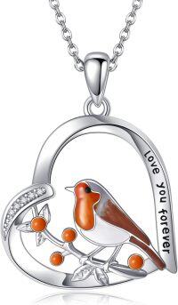 wholesale 925 Sterling Silver Enamel Robin in Heart Pendant Necklace for Women Birds Lover Gifts-Robin