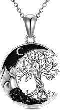 wholesale 925 Sterling Silver Tree of Life Moon Crescent Black Crystal Pendant Necklace-0-0