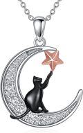 wholesale 925 Sterling Silver Crescent Moon & Star with Black Cat Pendant Necklace for Women-0-0