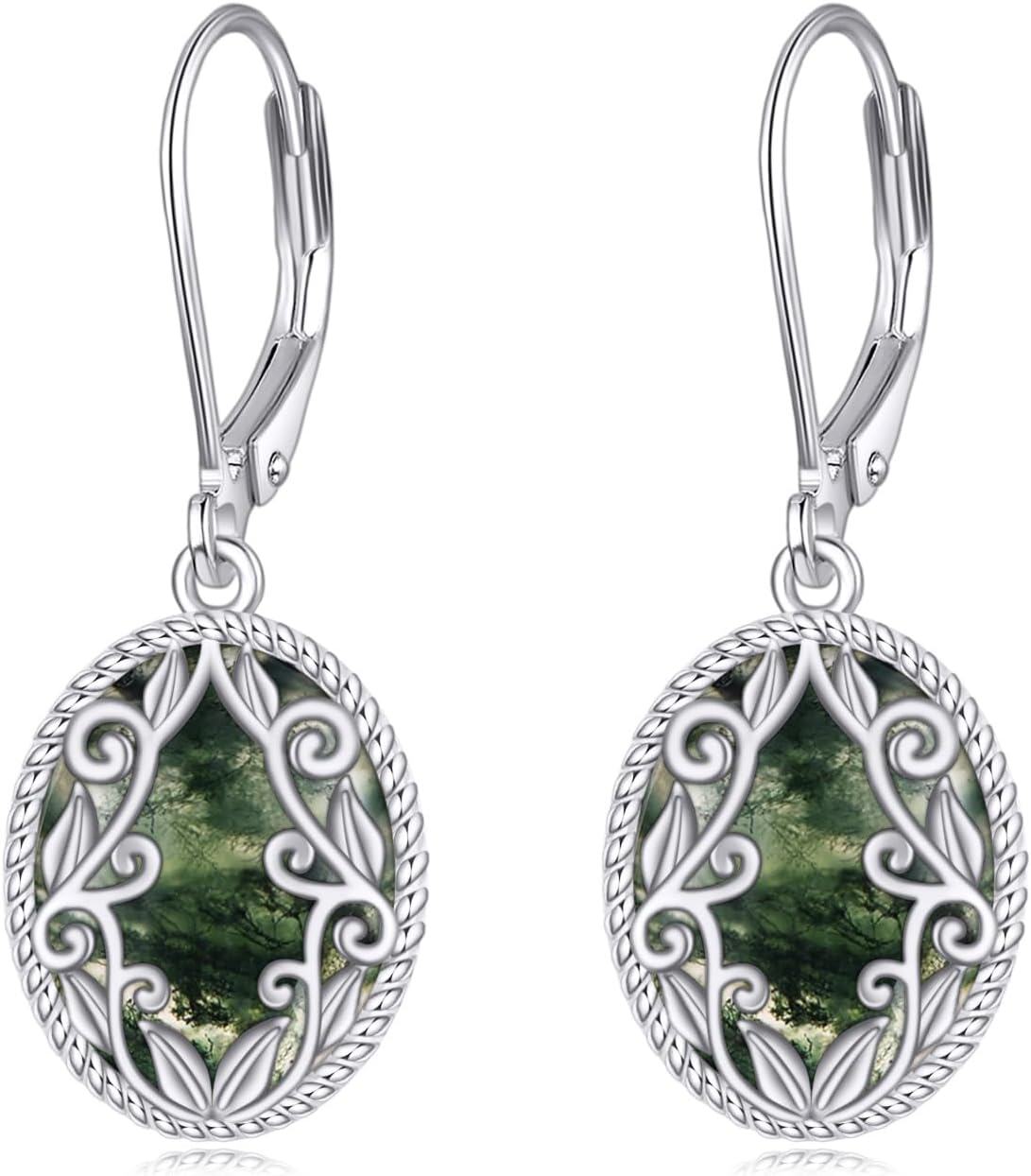 Sterling Silver Celtic Teardrop Filigree Earrings Jewelry Gifts for Women-Moss Agate Oval Earrings