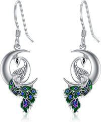 wholesale 925 Sterling Silver Green Peacock Crescent Moon Drop Earrings-Peacock