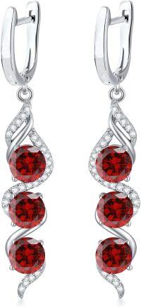 wholesale Sterling Silver 5mm Round Cut Genuine Created Gemstone Leverback 3 Birthstone Dangle Earrings-Garnet
