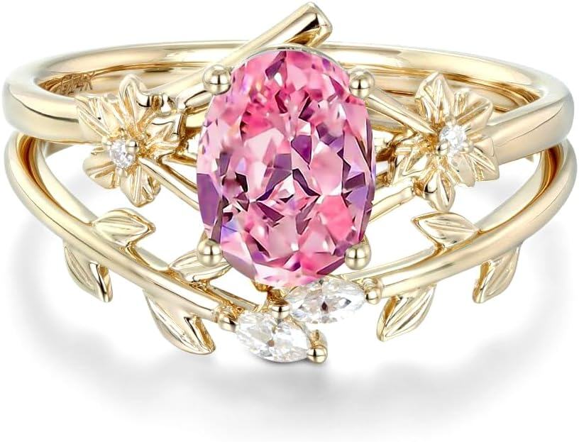 14K Solid Gold Oval Gemstone Vintage Vine Bridal Ring Set-Emerald-Black Onyx-Emerald-Pink Tourmaline-Pink Tourmaline-Black Onyx