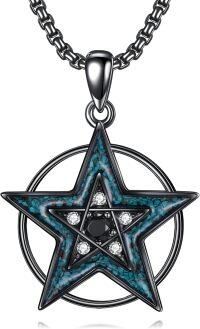 wholesale 925 Sterling Silver Turquoise Stone Triple Moon Pentagram Necklace for Women Men Wicca Pagan  48cm Chain Length-Pentagram-Black