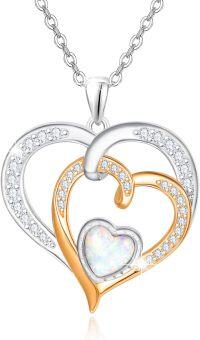 wholesale 925 Sterling Silver & White Opal with Rose Gold Accents Double Heart Pendant Necklace for Women-Rose Gold Heart