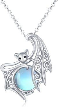 wholesale 925 Sterling Silver Blue Moonstone Bat Pendant Gothic Halloween Necklace-Moonstone Bat